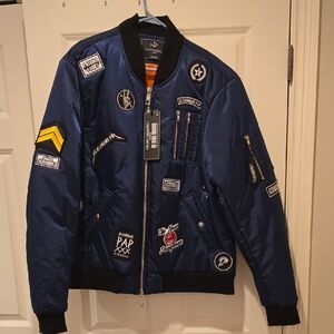 Men's Navy Bomber Jacket with Patches